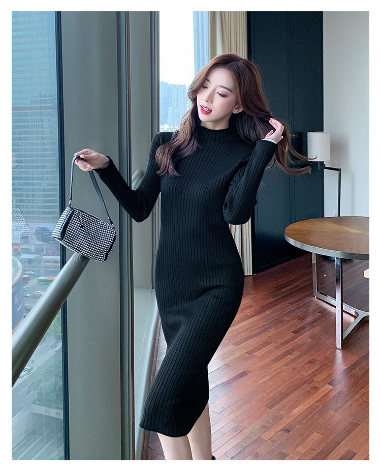 【dress】一目惚れ！2色ハーフネック長袖着やせ体型カバー無地ニットワンピースF1624