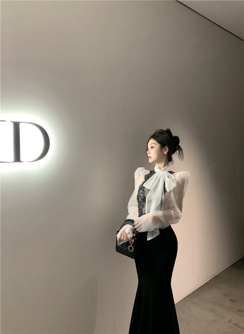 【tops】レース切り替リボン付きシャツトップス　M27164