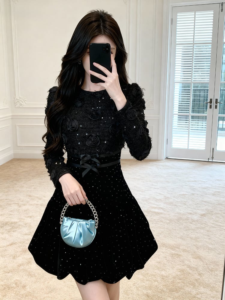 【dress】立体感バラベルベットワンピース Q7506