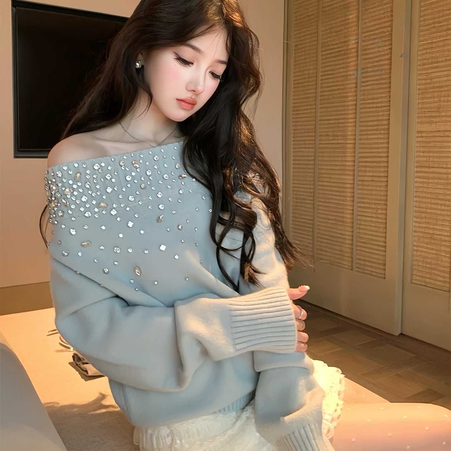 【tops】オフショルビジューニットトップス N3425