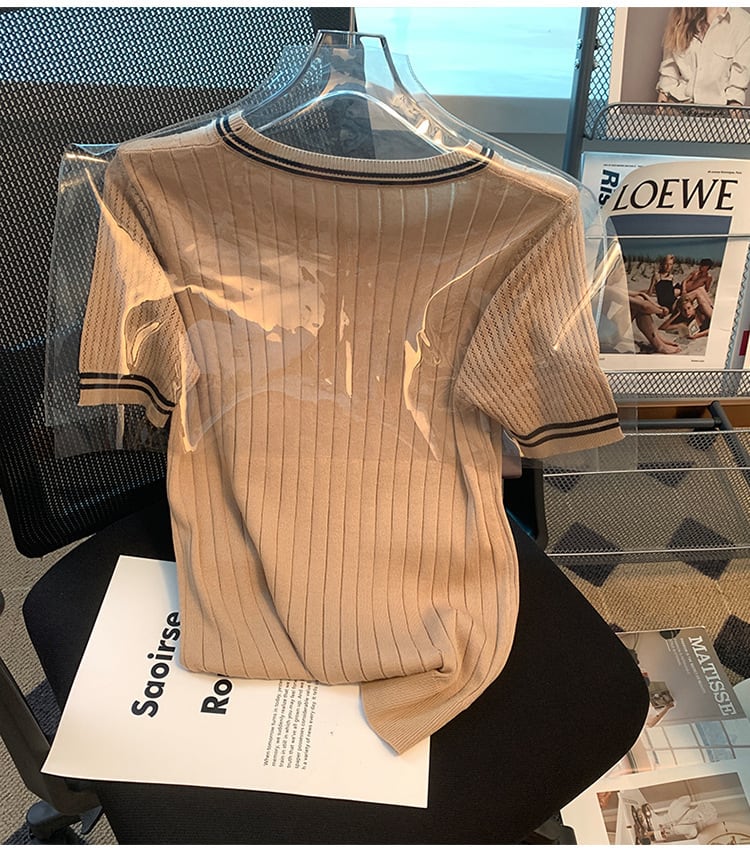 【tops】3色ラウンドネックニットＴシャツF7286