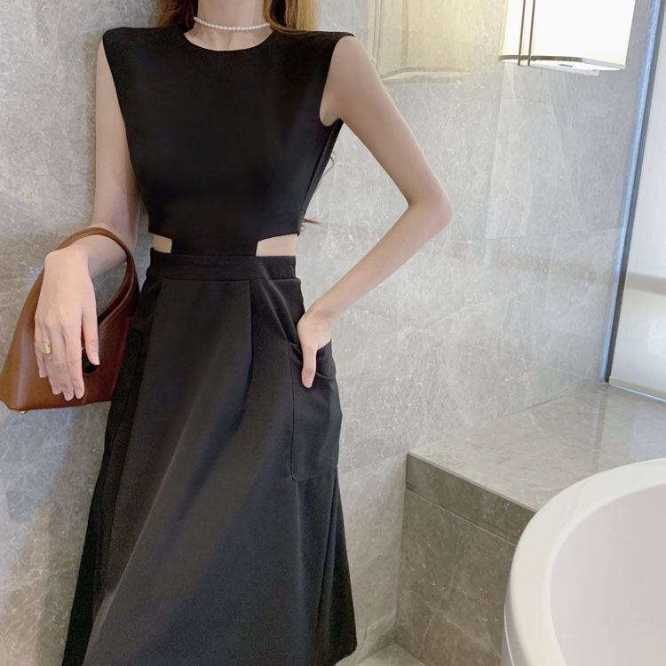 【dress】韓国ファッション海旅行ラウンドネック無地ノースリーブ着やせワンピースF0322