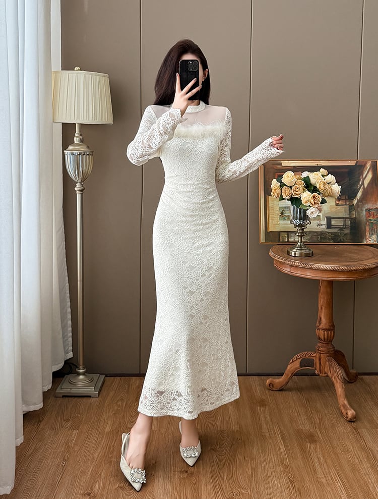 【dress】ファー付きレースワンピース Q7498