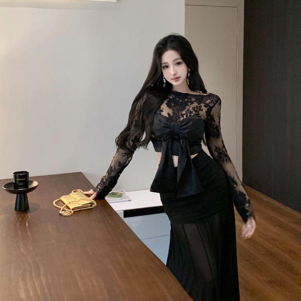【set】リボン付きレーストップス×ロングスカートセット　N2763