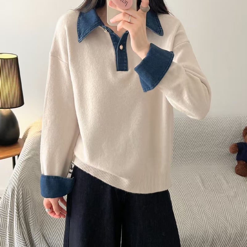 【tops】デニムドッキングニットトップス Q7216