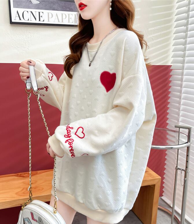 【tops】INS風ラウンドネック長袖ハート柄カジュアル薄手パーカーF3574