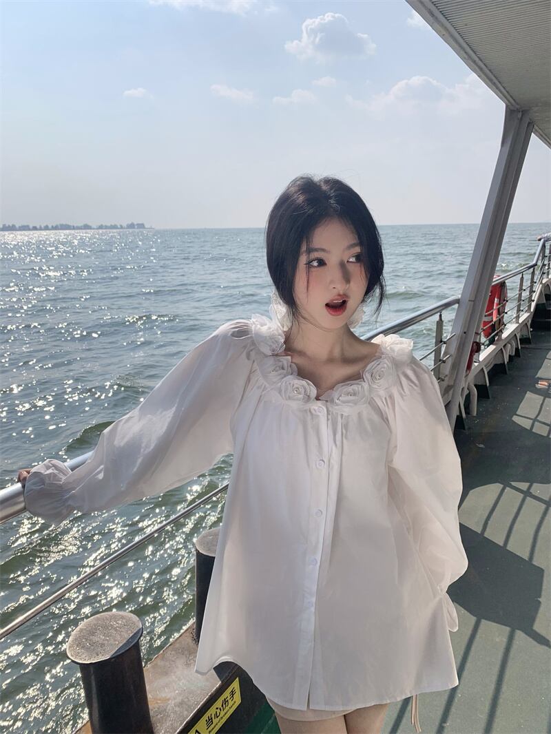 【tops】立体フラワーシャツブラウス　M29823