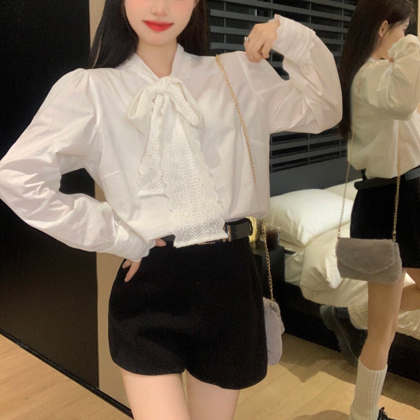 【tops】レース切り替えシャツブラウス　M29816