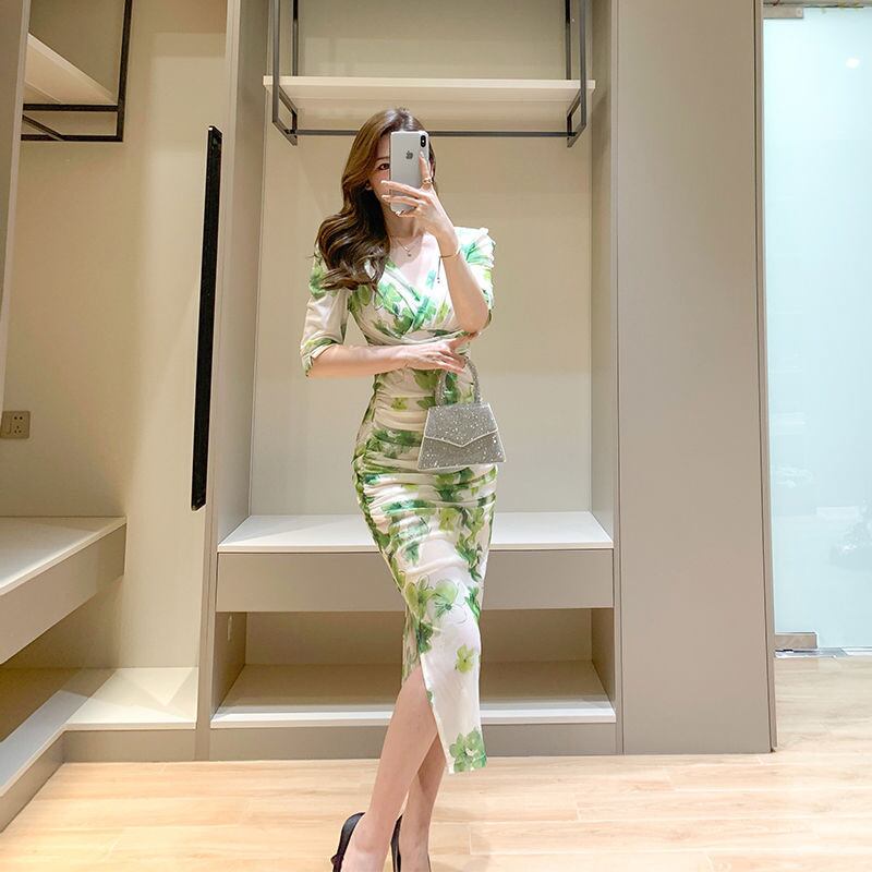 【dress】高級感溢れる夏新作Vネック半袖プリント配色二次会披露宴タイトワンピースF5306