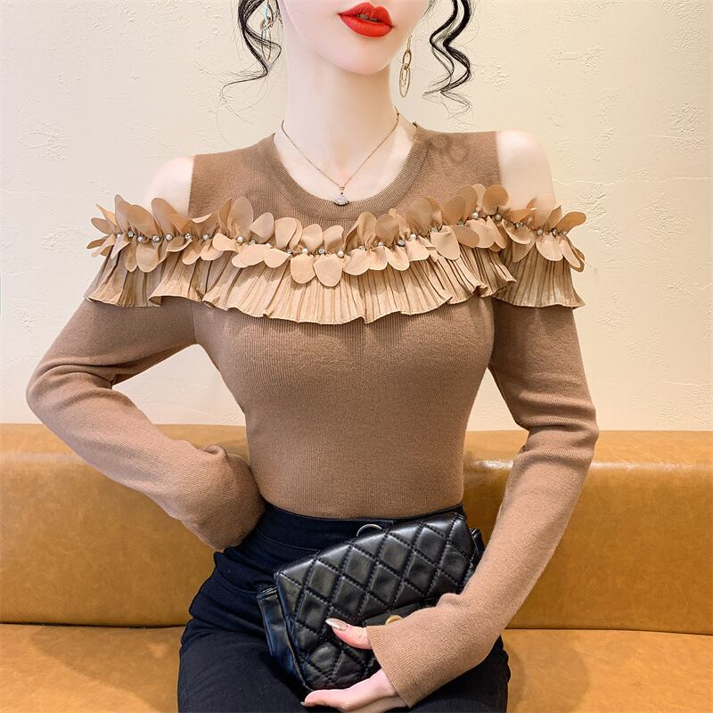 【tops】フリルオフショルダーニットトップス　M27519