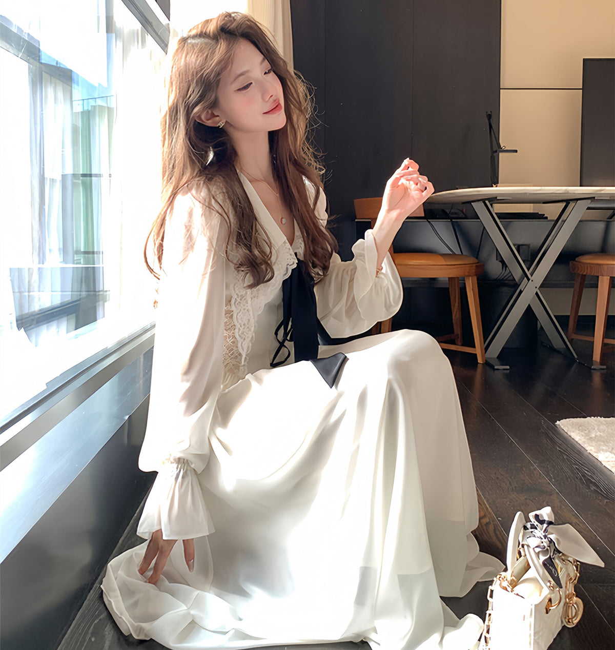 【dress】ビッグリボンレースドッキングロングワンピース　N3316