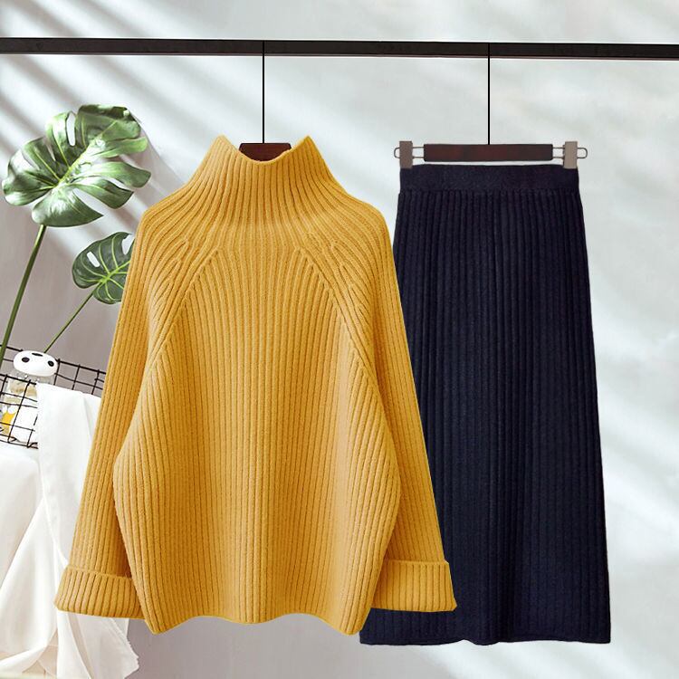 【set】気質満点オシャレ着痩せ長袖ニットセーター+スカート２点セット G4099