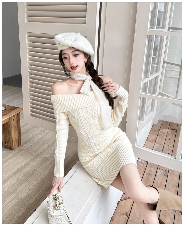 【dress】リボンオフショルニットワンピース　N2855