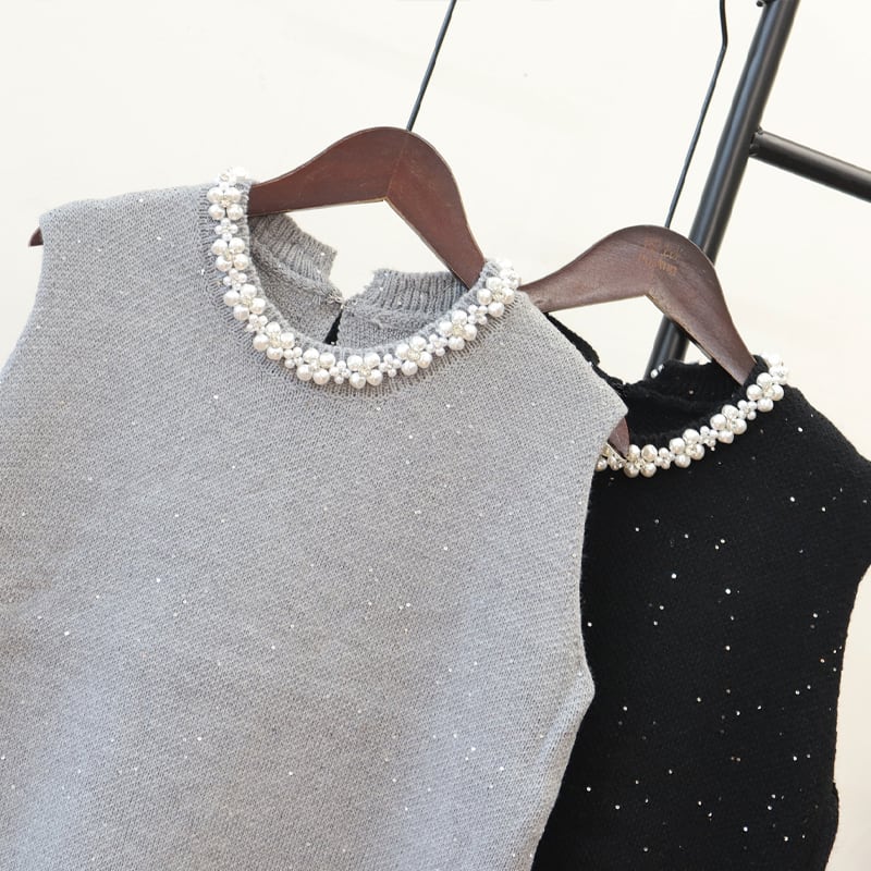 【dress】パール付きノースリーブニットワンピース Q7323