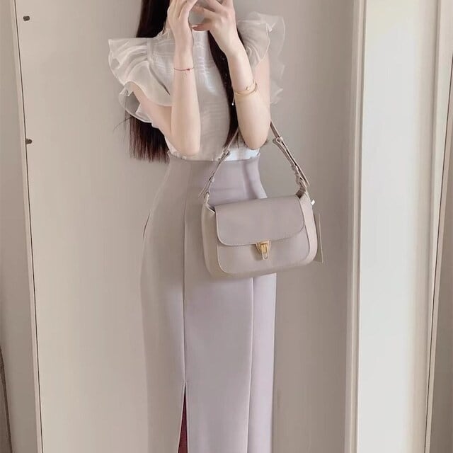 【set】フレンチスリーブトップス+スリットスカートセットF7163