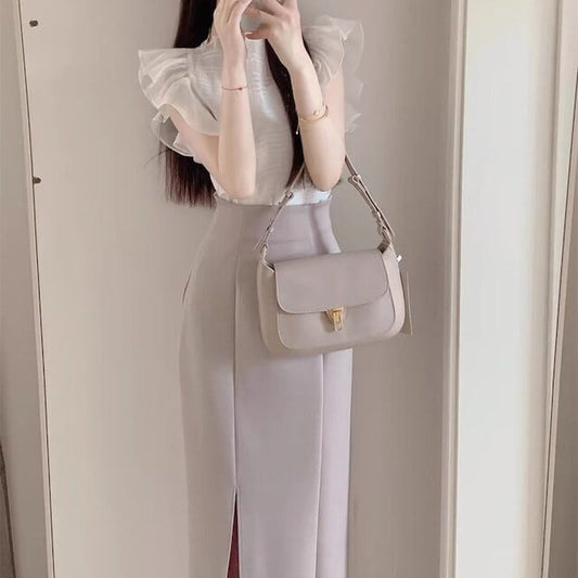 【set】フレンチスリーブトップス+スリットスカートセットF7163