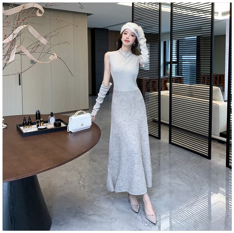 【dress】アームカバー付きドッキングニットワンピース　M28118