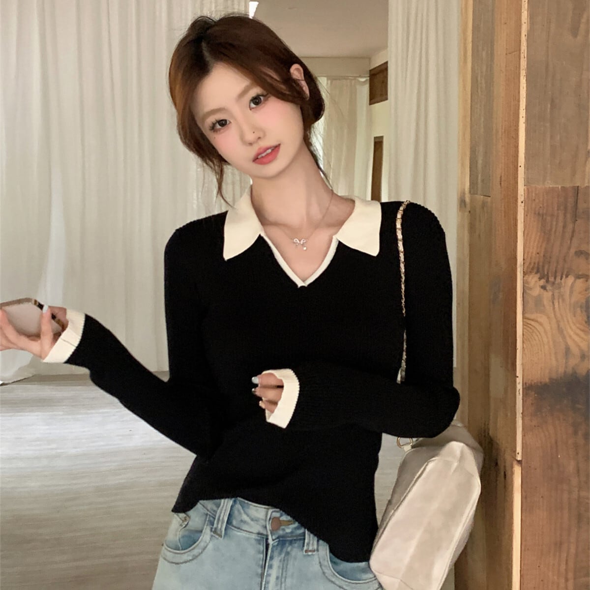 【tops】POLOネックニットトップス　M28677