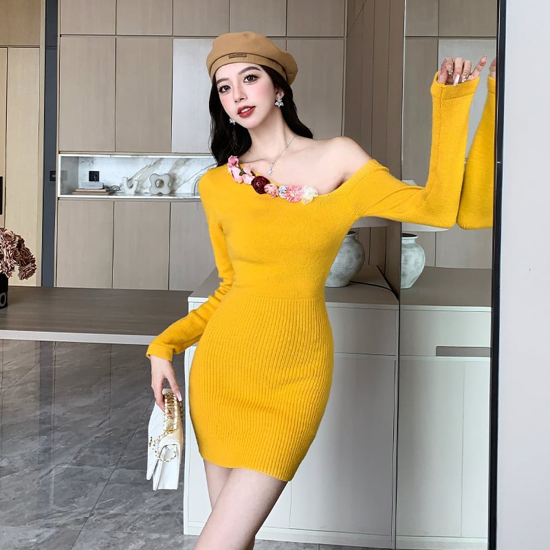 【dress】立体フラワーオフショルダーニットワンピース　M27755