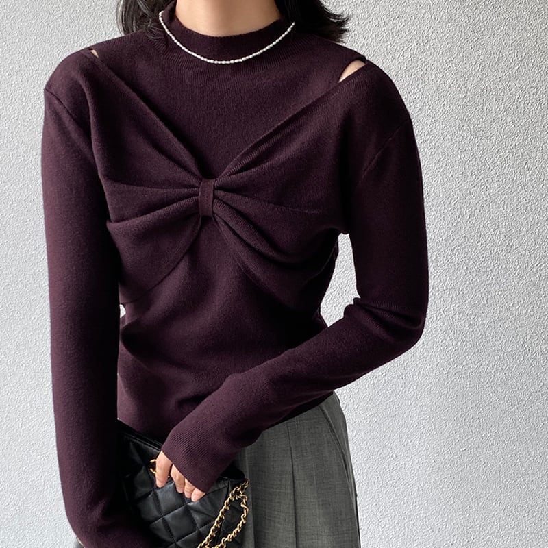 【tops】リボンフェイクレイヤードニットトップス Q7240