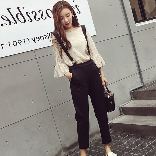 【set】大人可愛いフレアスリーブトップス＋サロペット通勤日常セットアップF0063