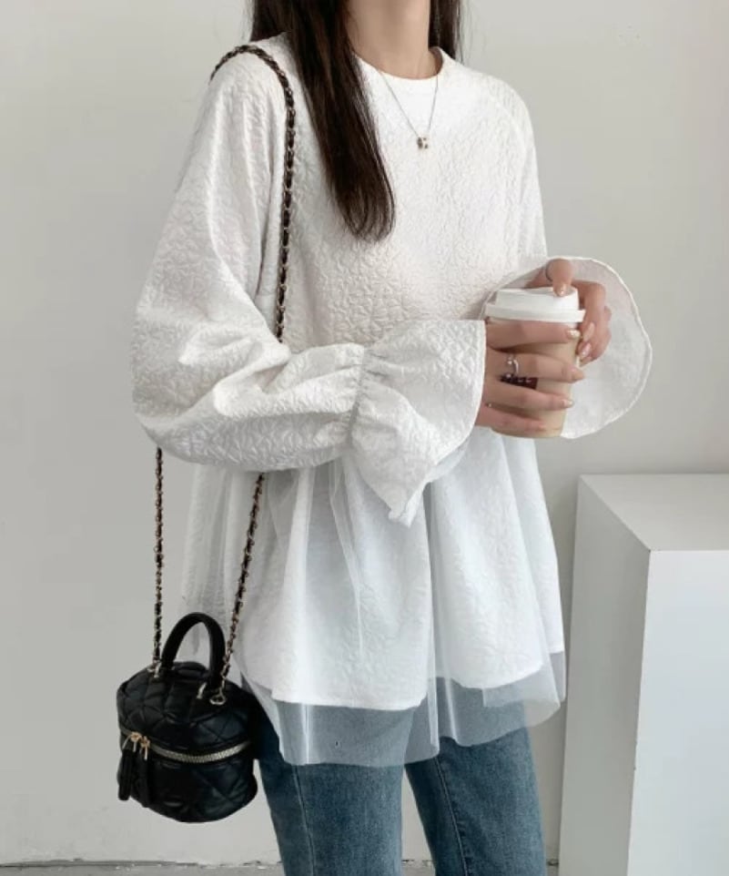 【tops】メッシュ偽二つ切り替えブラウスG20303