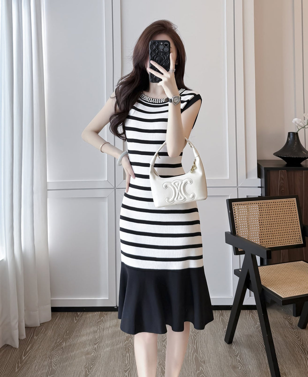 【dress】ノースリーブボーダー柄ニットワンピース Q8491