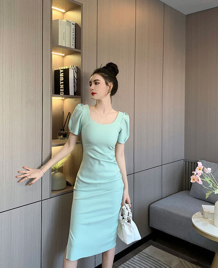 【dress】一目惚れ！韓国風INS風OL通勤スクエアネック半袖パフ袖スリット無地タイトワンピースF2364