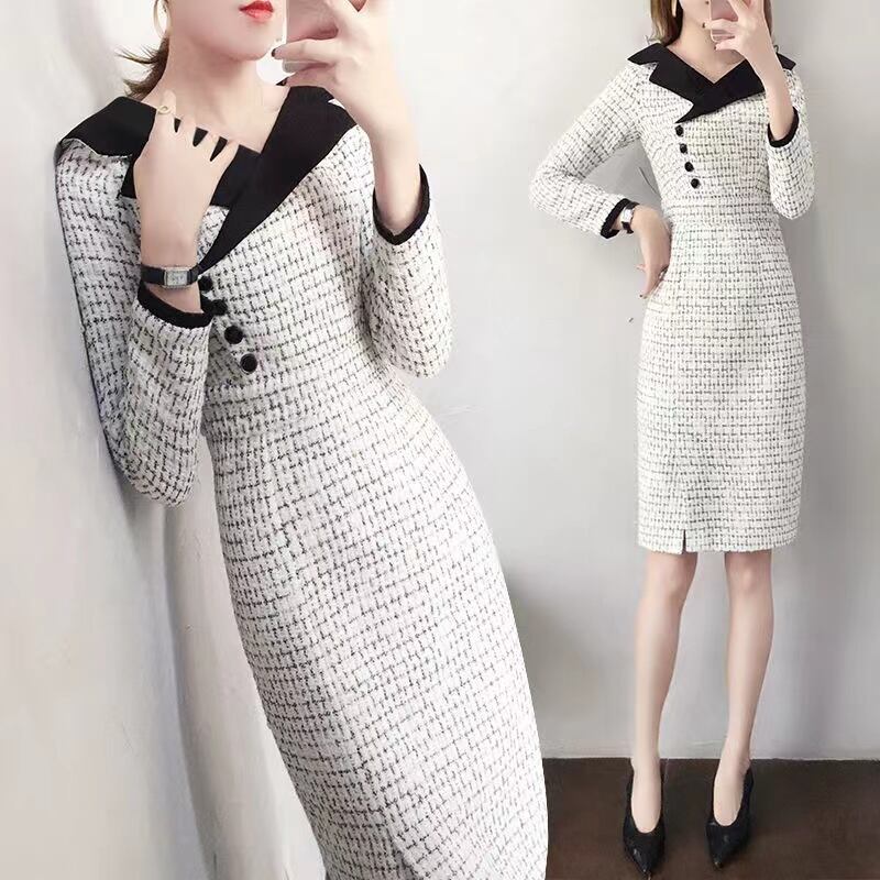 【dress】気質溢れる♪韓国風ラペル長袖スリットチェック柄体型カバー配色タイトフォーマルワンピースF1407