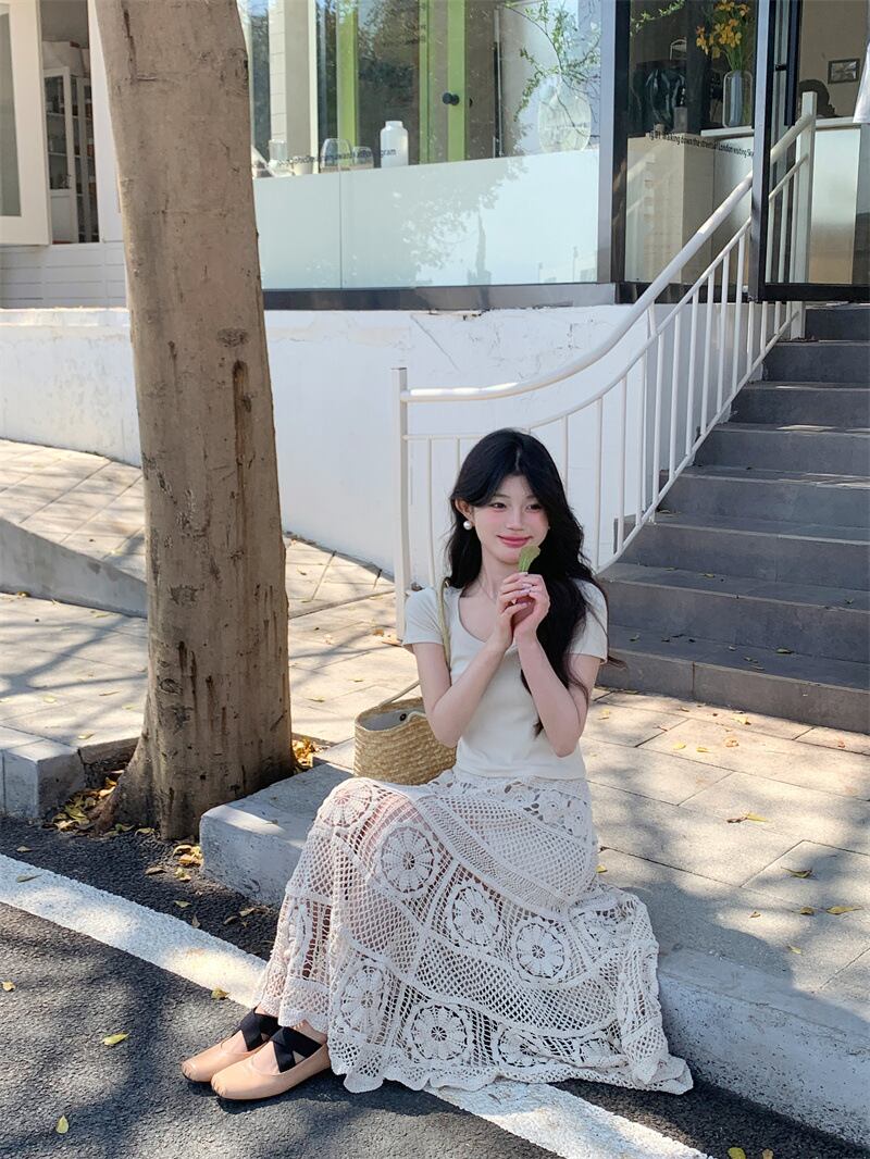 【set】トップス+レース透かし彫りスカート２点セットG21098