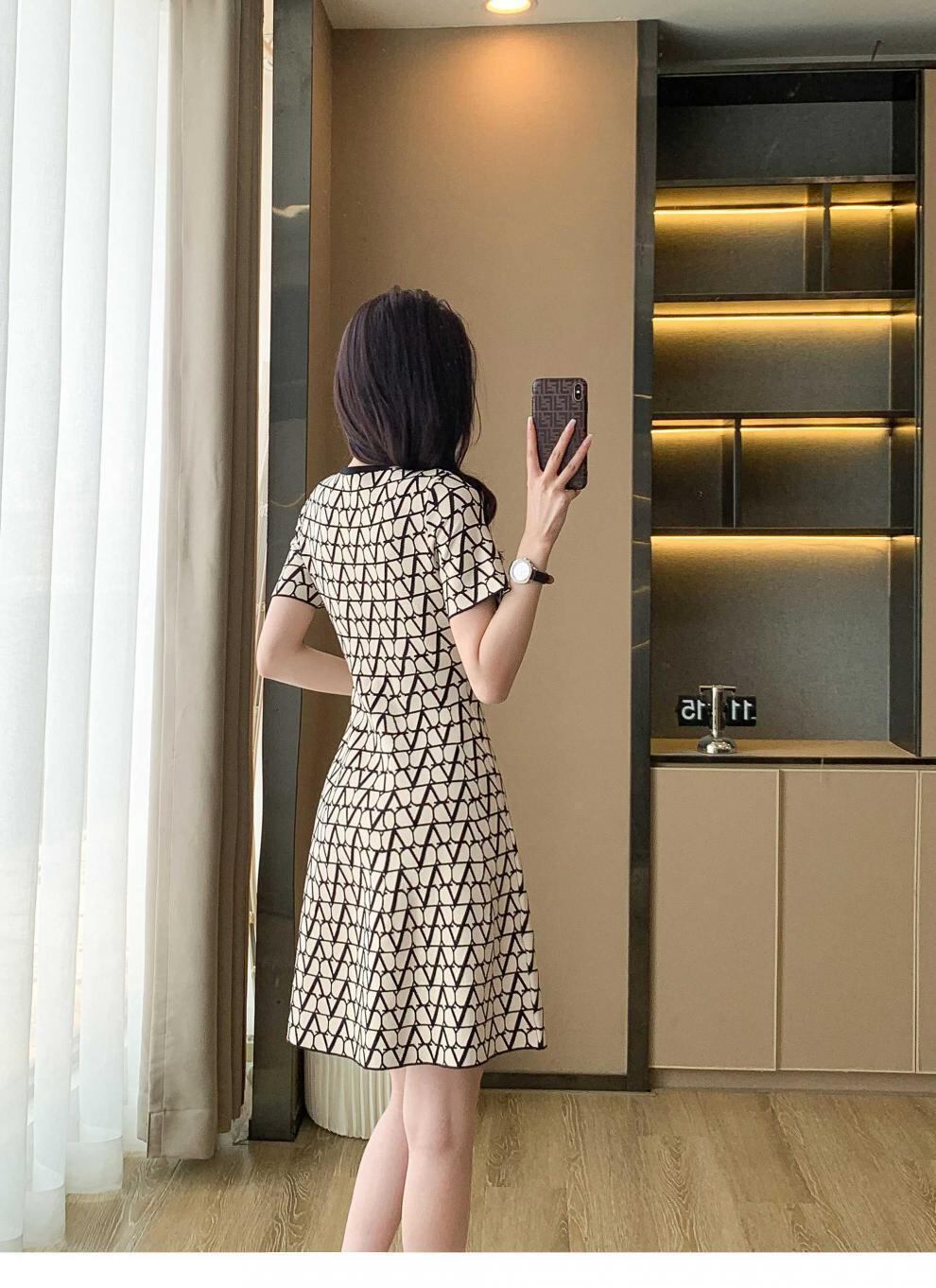 【dress】好感度満載！ラウンドネック半袖プリント配色AラインワンピースF5600