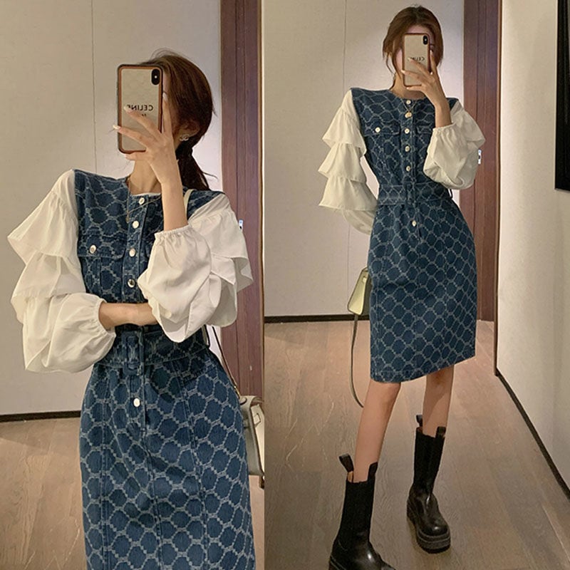 【set】清純甘くて女子力UP！気質満点ファッショントップス+デニムワンピース２点セット G9443