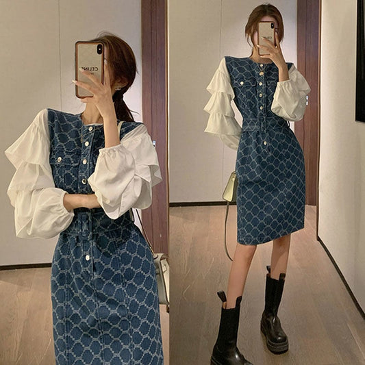 【set】清純甘くて女子力UP！気質満点ファッショントップス+デニムワンピース２点セット G9443