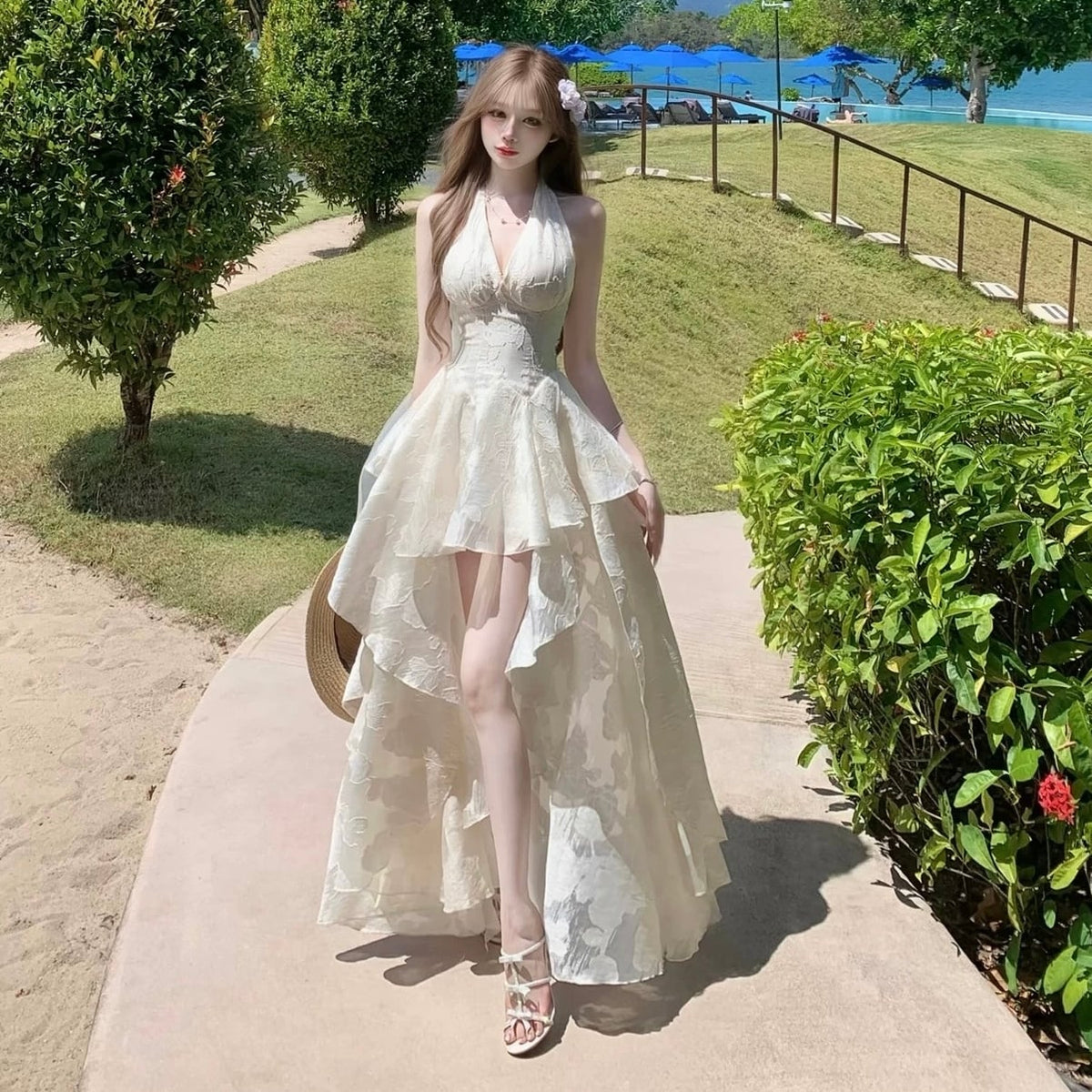 【dress】ホルターネックレースイレヘムワンピース Q8412
