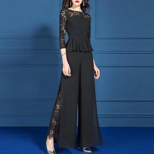 【set】2点セットラウンドネック長袖レースブラウス+無地ガウチョパンツ通勤日常セットアップF1970