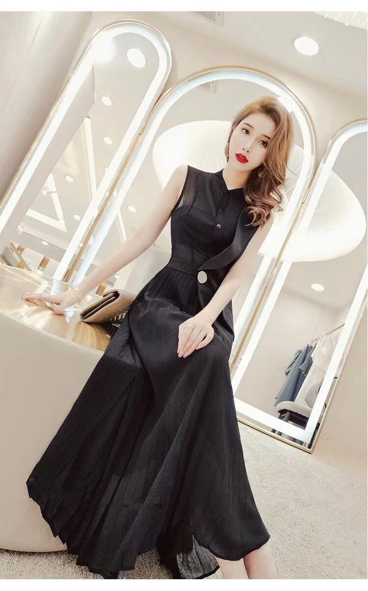 【dress】知的で品の良いノースリーブ無地切り替えウェスト絞りプリーツイレギュラーワンピースF2692