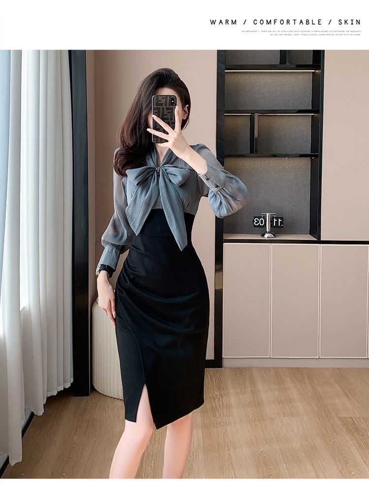 【dress】長袖偽二つ切り替えリボンワンピース G17925