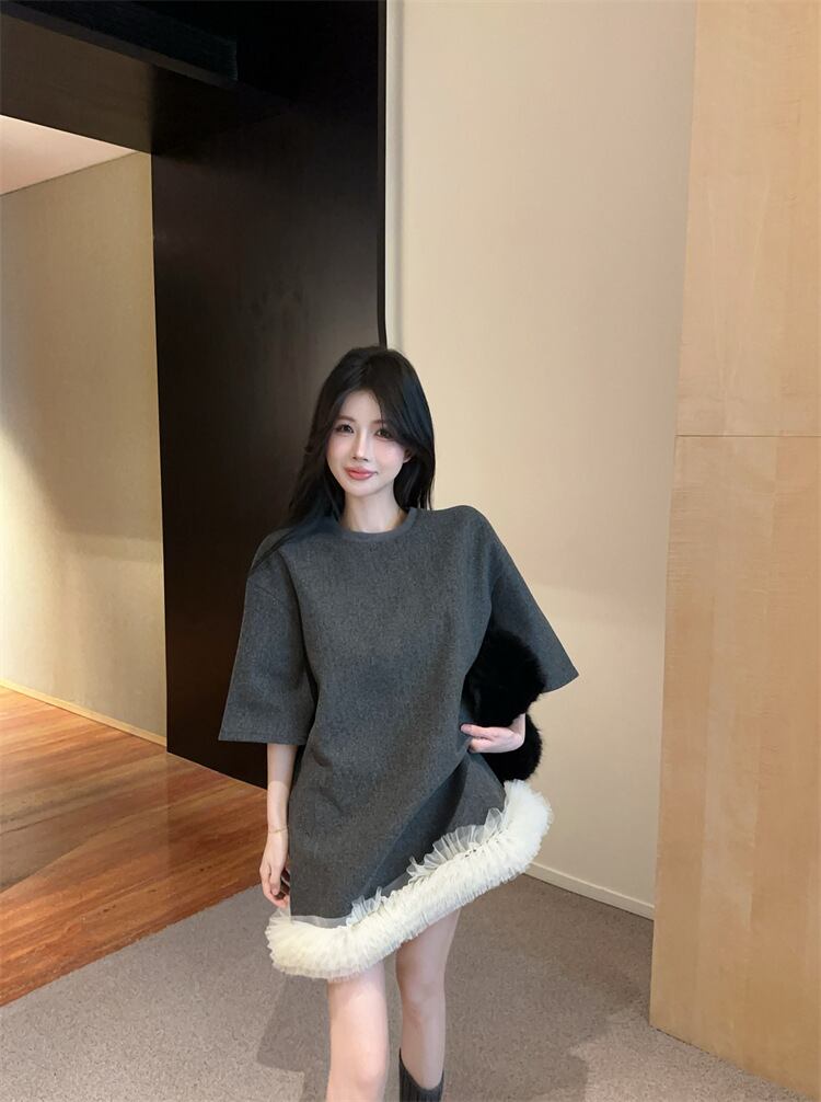 【dress】裹起毛レースドッキングワンピース　M28775