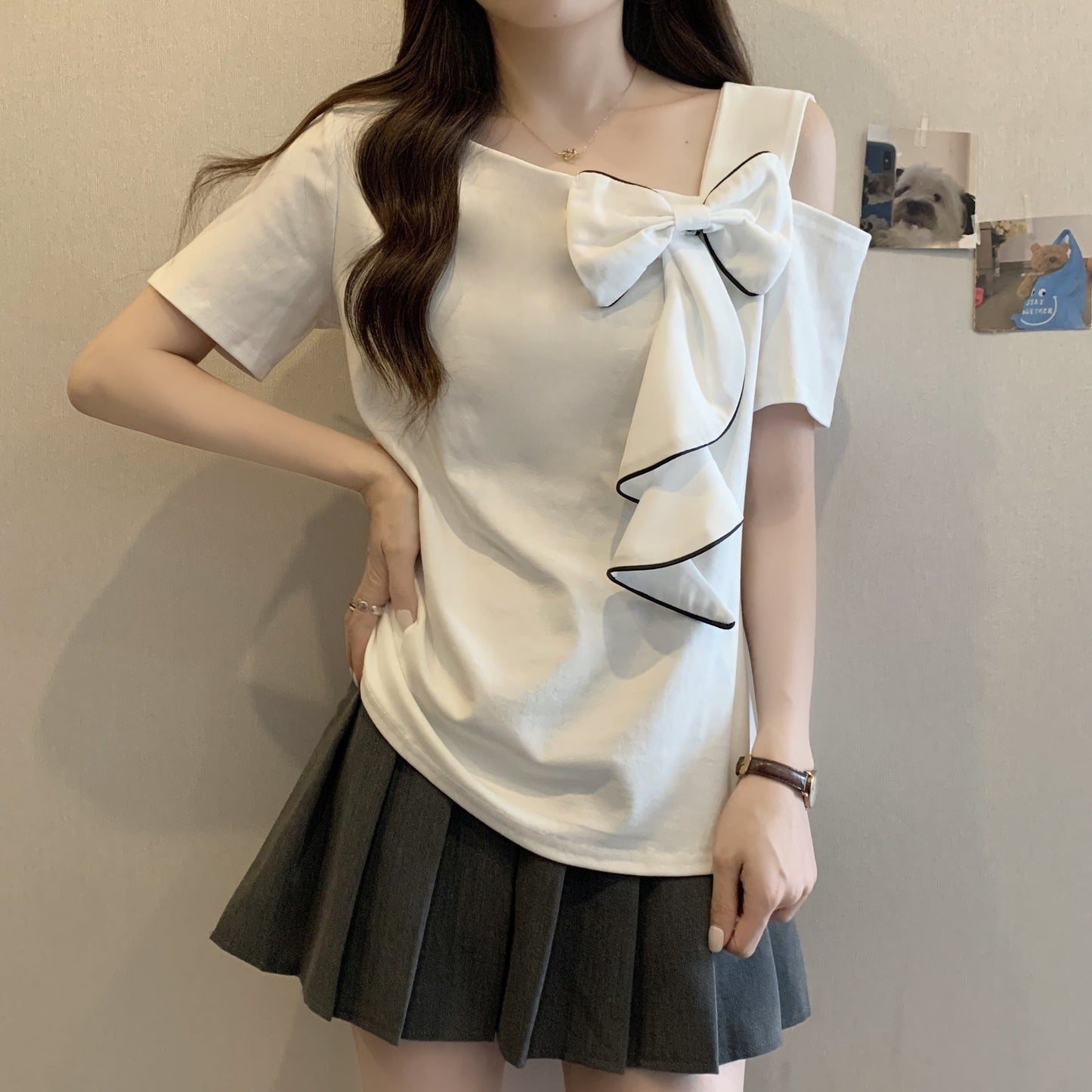 【tops】オフショルダーリボンTシャツG21045