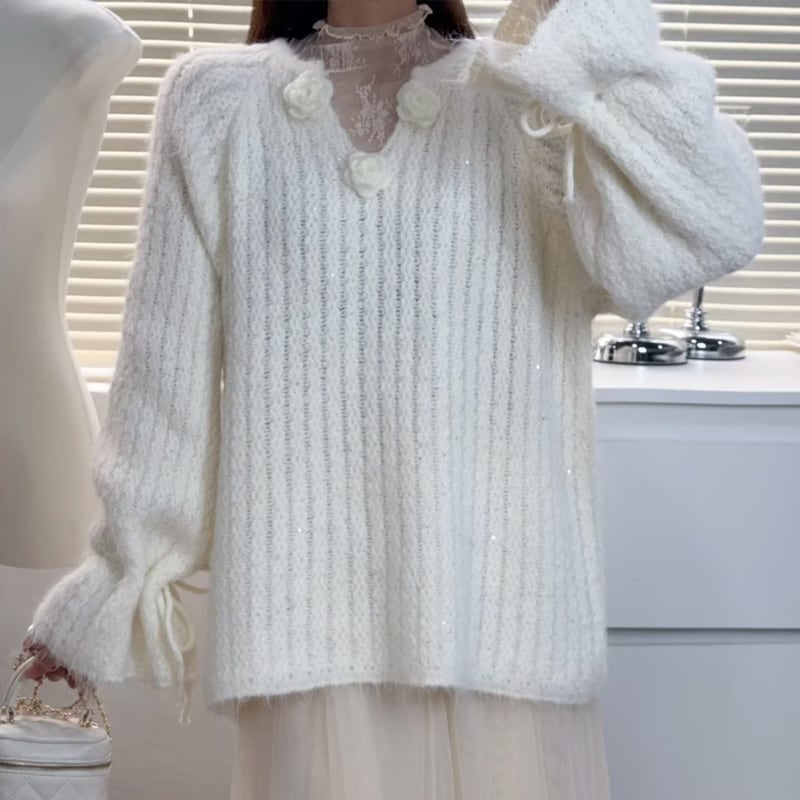 【tops】スパンコール付きニットトップス Q7289