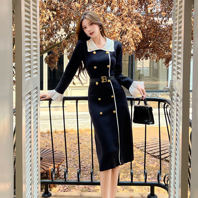 【dress】レースドッキングニットワンピース Q7584