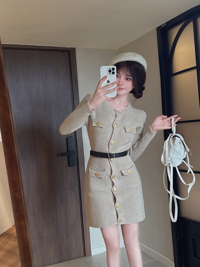 【dress】ボタンデザインニットワンピース　M27419