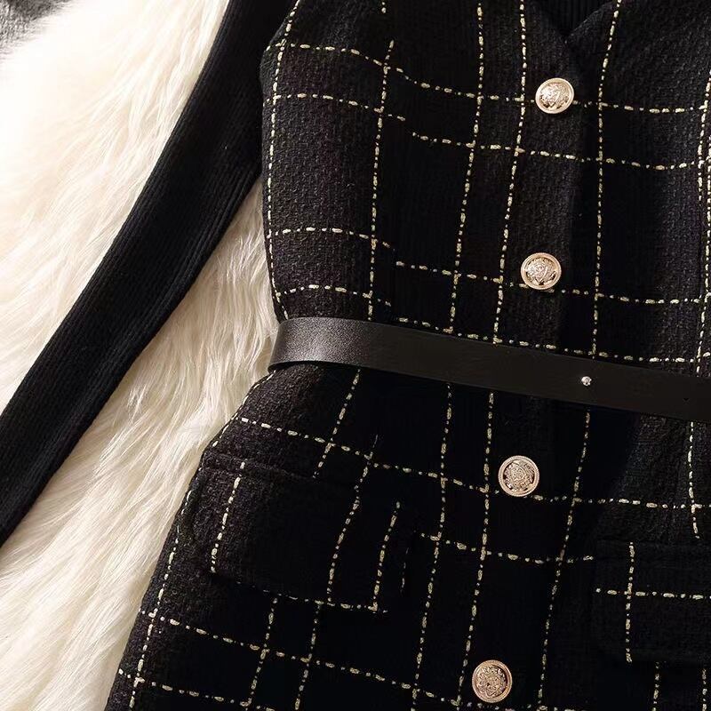 【set】一目惚れ！2点セット無地セーター+Vネックウェスト絞りチェック柄キャミワンピース通勤日常セットアップF1405