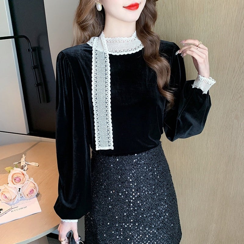 【tops】レース切り替えシャツトップス　M27569