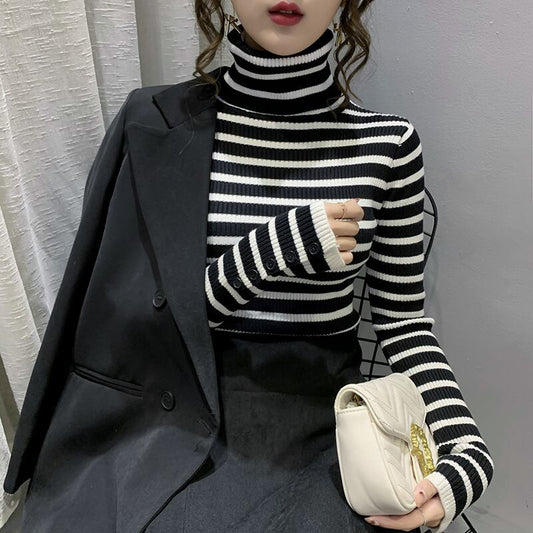 【tops】一目惚れ！4色ハイネック長袖体型カバーボーダー柄ファッションニットセーターF1046