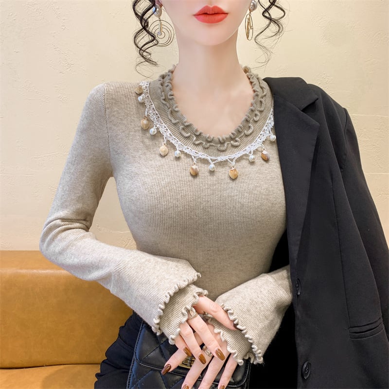 【tops】レース切り替えニットトップス　M28659