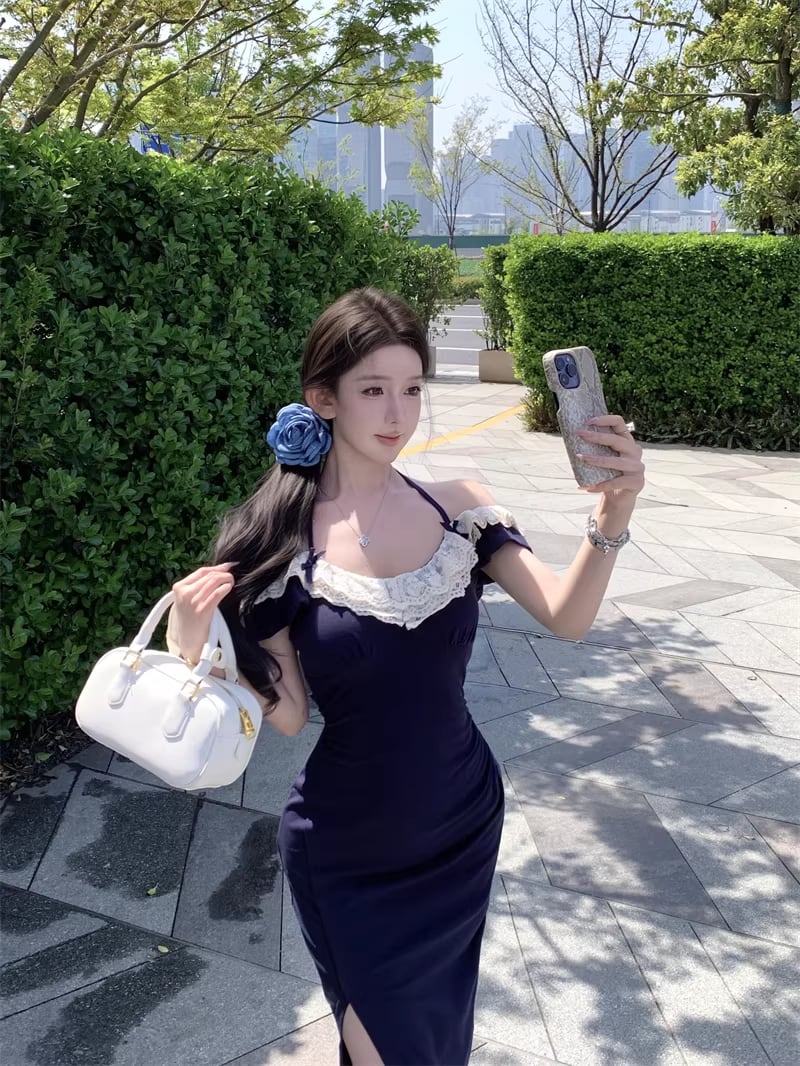 【dress】スリット入れレースドッキングロングワンピース Q8315