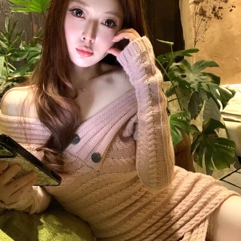 【dress】オフショルダーニットワンピース Q7816