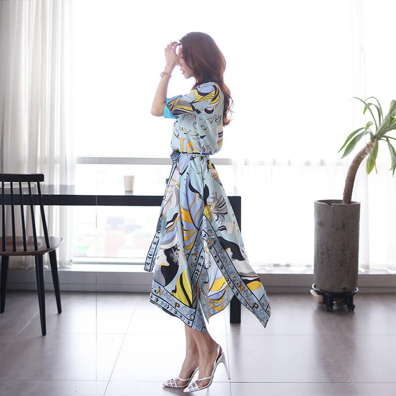 【dress】韓国風気質満点ファッション折り襟不規則 プリントワンピース G0398