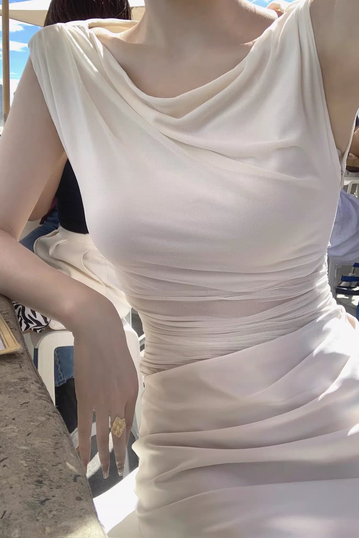 【dress】ノースリーブチュールドッキングロングワンピース Q7988